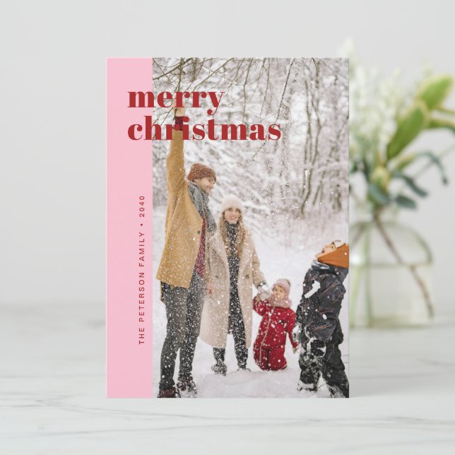 Modern Bold Red & Pink Merry Christmas Photo Holiday Card (Standing Front)
