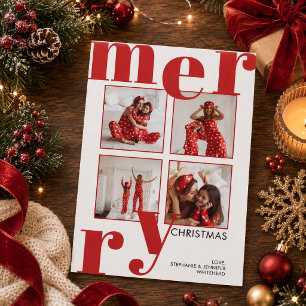 Modern Bold Red Typography White 4 Photo Merry Holiday Card