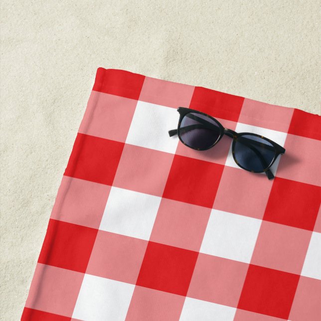Modern Bold Red White Gingham Pattern Beach Towel (In Situ)