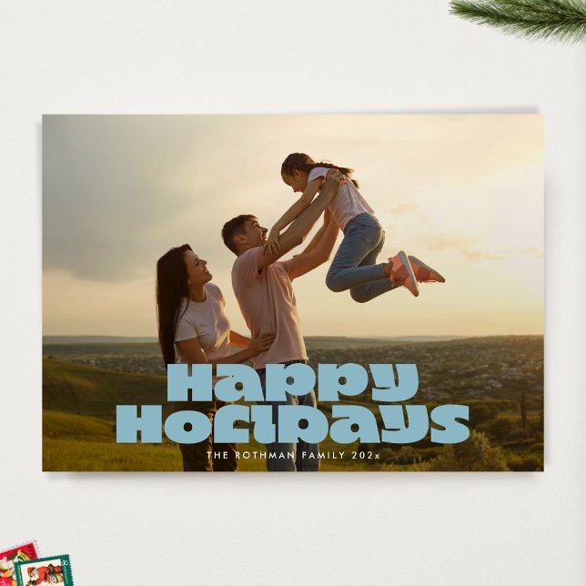 MODERN Bold Retro Blue Typography Photo HAPPY Holiday Card (Creator Uploaded)
