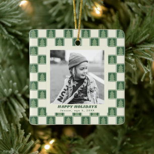 Modern Bold Retro Green Christmas Chequered Photo Ceramic Ornament