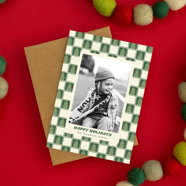 Modern Bold Retro Green Christmas Chequered Photo Holiday Card (Creator Uploaded)