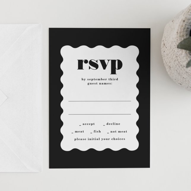 Modern Bold Scalloped Frame Black White Wedding RSVP Card (Creator Uploaded)