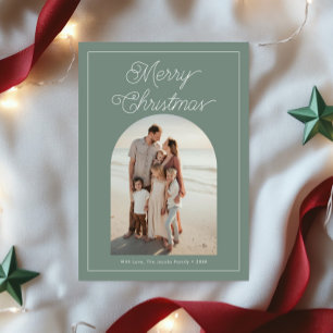 Modern Bold Script Arch Photo Olive Green Holiday Card