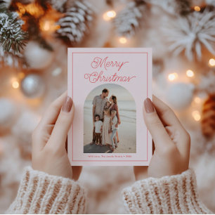 Modern Bold Script Arch Photo Red and Pink Holiday Card