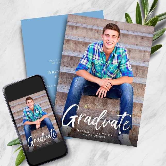 Modern Bold Script Light Blue Photo Graduation Announcement (Modern Bold Script Light Blue Photo Graduation Announcement with Instant Download)