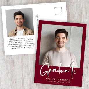 Modern Bold Script Photo Burgundy Graduation Announcement Postcard