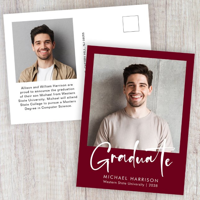 Modern Bold Script Photo Burgundy Graduation Announcement Postcard (Modern Bold Script Photo Burgundy Graduation Announcement Postcard)