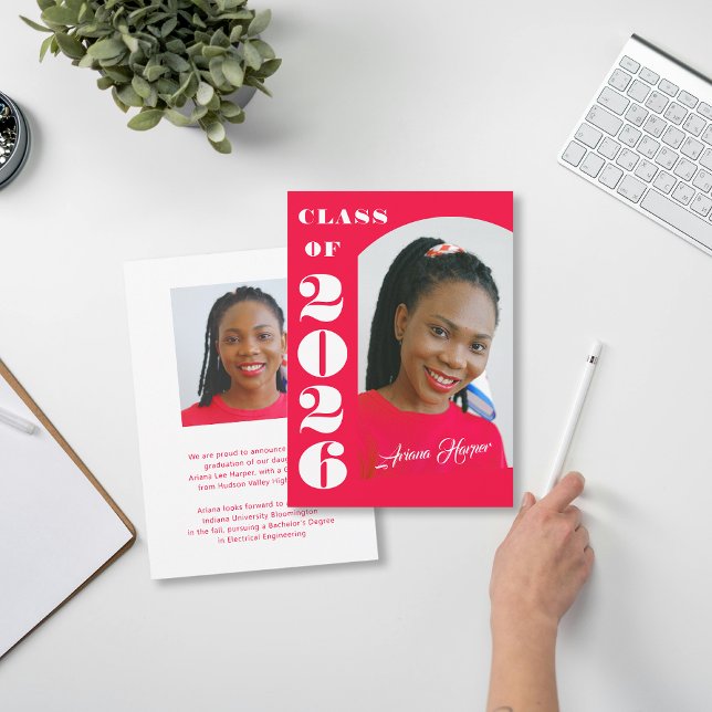 Modern Bold Script Pink Graduation Announcement (Creator Uploaded)