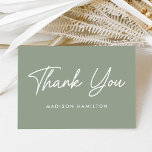 Modern Bold Script Sage Green Baby Shower Thank You Card<br><div class="desc">Simple baby shower thank you card featuring "Thank You" displayed on the front in a bold white script with a sage green background. Personalise the front of the card with your name or custom text. The back of the sage green thank you card displays your custom message and names.</div>