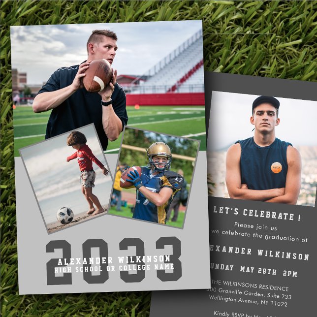 Modern Bold Script Sporty Guy 4 Photo Graduation Invitation (Creator Uploaded)