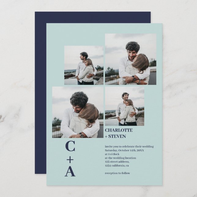 Modern bold sea navy blue 4 photos grid wedding invitation (Front/Back)