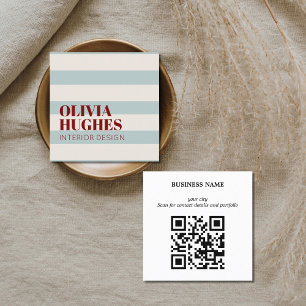 Modern Bold Stripes Green Deep Red QR code Square Business Card