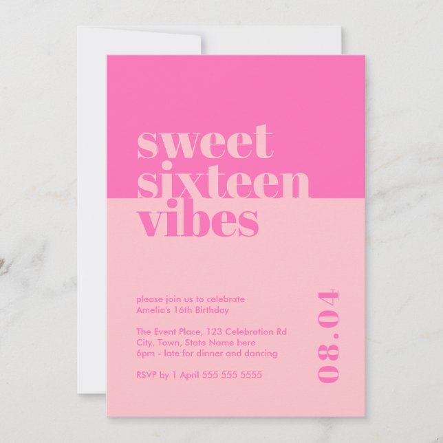 Modern Bold Sweet Sixteen Vibes Pink Birthday  Invitation (Front)
