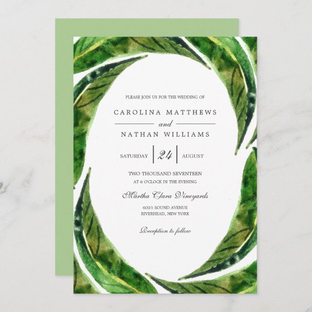 Modern Bold Tropical Leaves Wedding  | Light Invitation (Front/Back)