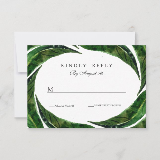 Modern Bold Tropical Leaves Wedding RSVP | Dark (Front)
