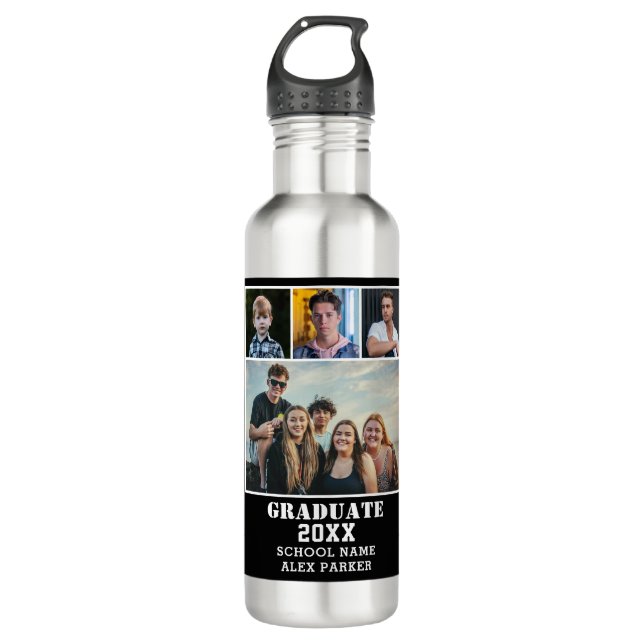 Modern Bold Typography 4 Photo Collage Graduation 710 Ml Water Bottle (Front)