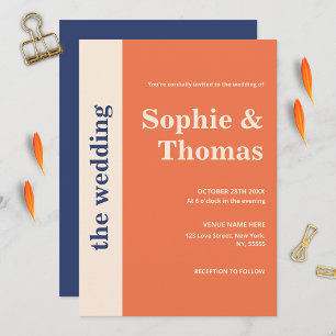 Modern Bold Typography Apricot Navy Blue Wedding Invitation