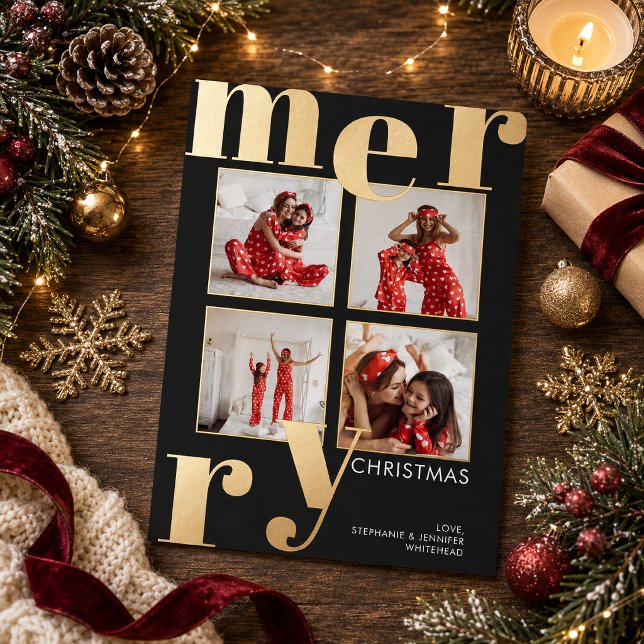 Modern Bold Typography Black 4 Photo Merry (Share your holiday memories in dramatic, luxurious style with this modern bold gold Christmas card.)