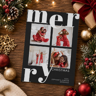 Modern Bold Typography Black 4 Photo Merry Holiday Card