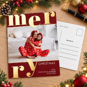 Modern Bold Typography Burgundy Photo Merry Foil Holiday Postcard