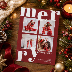 Modern Bold Typography Burgundy Red 4 Photo Merry Holiday Card