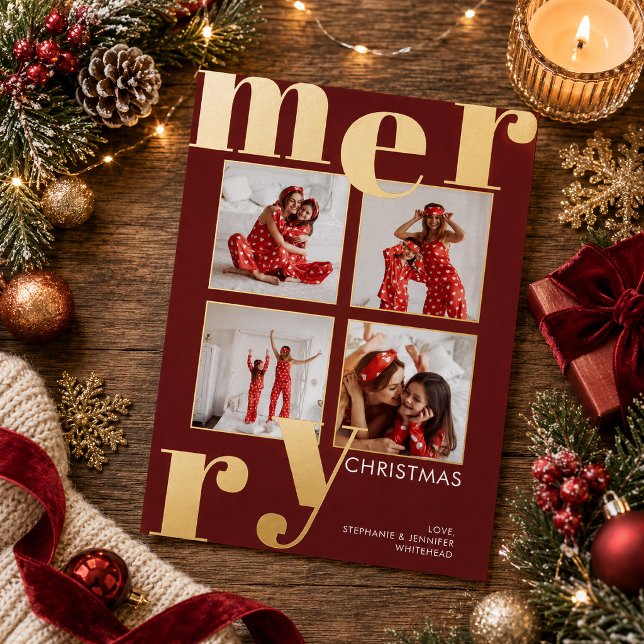 Modern Bold Typography Burgundy Red Photo Merry  (Share your holiday memories in luxurious style with this modern bold gold typography burgundy card. )