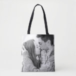 Modern Bold  Typography Custom Photo Wedding Tote Bag<br><div class="desc">Add a custom photo. Photo template has a filter. Date is bold serif typography. Bride-to-be and Groom-to-be names are in sans serif typography.</div>