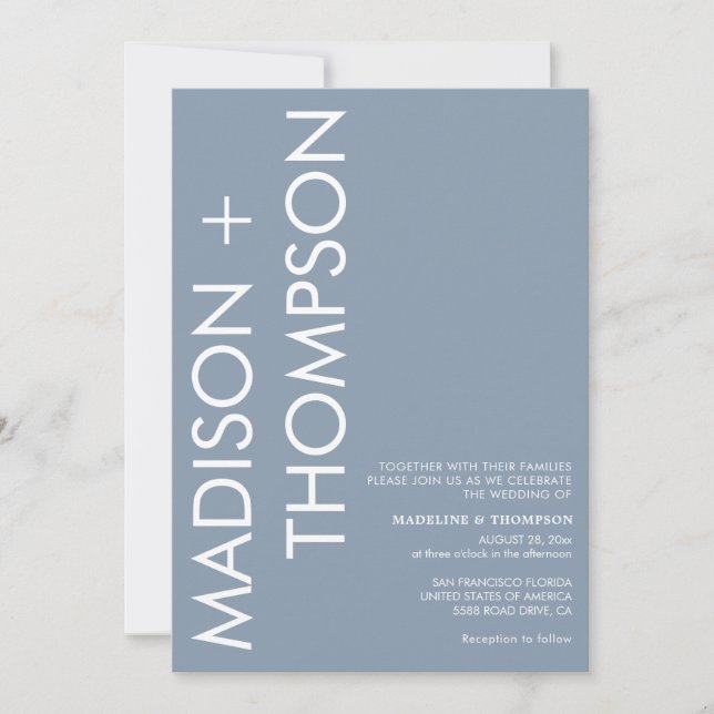 Modern Bold Typography Dusty Blue Wedding Invitation (Front)