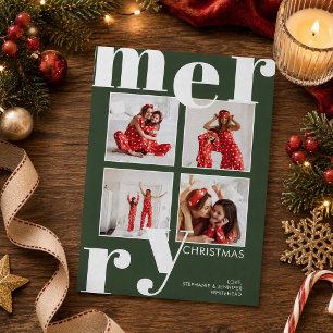 Modern Bold Typography Forest Green Photo Collage Holiday Card