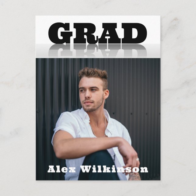 Modern Bold Typography Grey Minimalist Photo GRAD Invitation Postcard (Front)