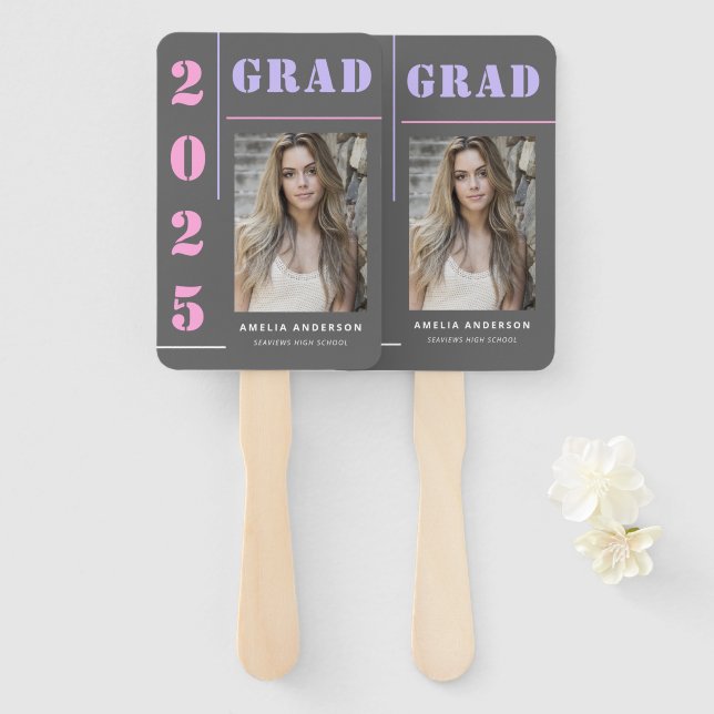 Modern Bold Typography Grey Photo Graduation Party Hand Fan (Front and Back)