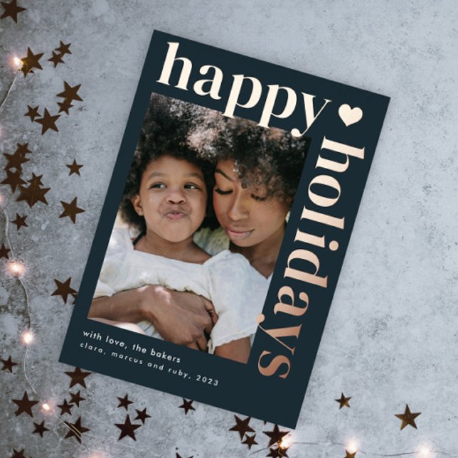 Modern Bold Typography Happy Holidays (A modern photo holiday card with elegant real foil happy holidays bold typography.)