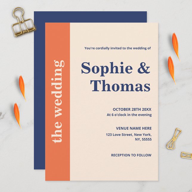 Modern Bold Typography Orange Navy Blue Wedding Invitation (Creator Uploaded)
