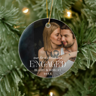 Modern Bold Typography Photo Elegant Engaged Ceramic Tree Decoration