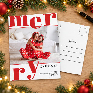 Modern Bold Typography Red Photo Merry Christmas Holiday Postcard