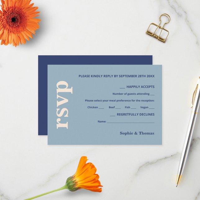 Modern Bold Typography Wedding Dusty Blue Navy RSVP Card (Creator Uploaded)