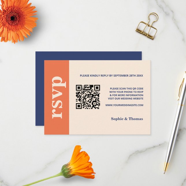 Modern Bold Typography Wedding Orange Navy Blue RSVP Card (Creator Uploaded)