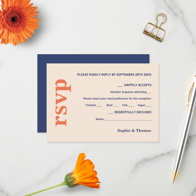 Modern Bold Typography Wedding Orange Navy Blue RSVP Card (Creator Uploaded)