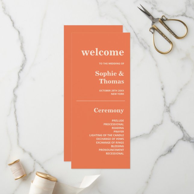 Modern Bold Typography Wedding Program Orange Programme (Front/Back In Situ)
