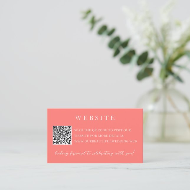 Modern Bold Vibrant Coral Simple QR Code Wedding Enclosure Card (Standing Front)