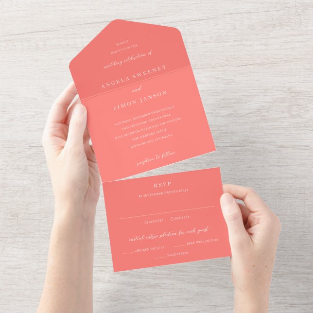 Modern Bold Vibrant Coral Simple Wedding All In One Invitation (Tearaway)