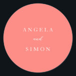 Modern Bold Vibrant Coral Simple Wedding Classic Round Sticker<br><div class="desc">This design is part of a bold and vibrant coral wedding invitation suite featuring elegant typography and a clean, modern layout. The rich coral hue creates a warm, eye-catching statement while maintaining a refined and timeless feel. Perfect for couples seeking a fresh, contemporary design with a lively yet sophisticated colour...</div>