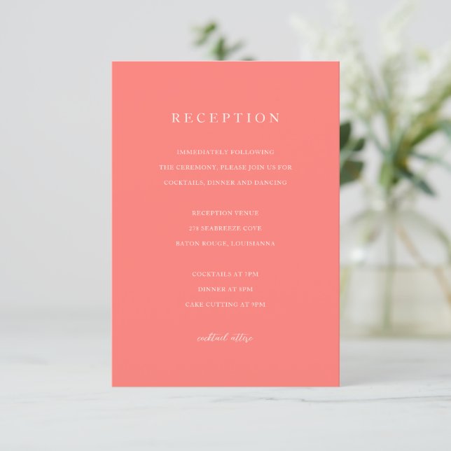 Modern Bold Vibrant Coral Simple Wedding Enclosure Card (Standing Front)