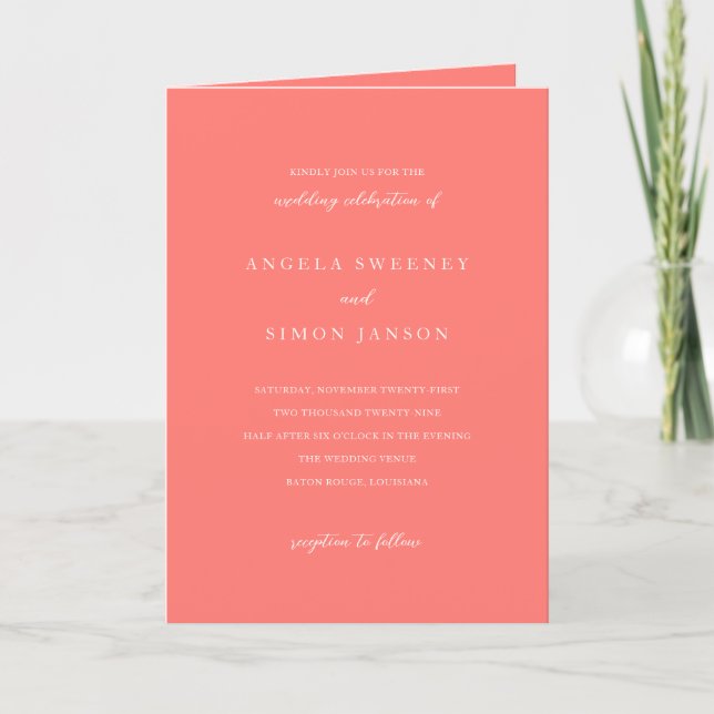 Modern Bold Vibrant Coral Simple Wedding Invitation (Front)