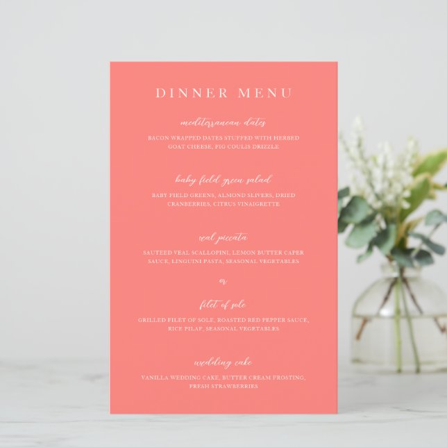 Modern Bold Vibrant Coral Simple Wedding Menu (Standing Front)