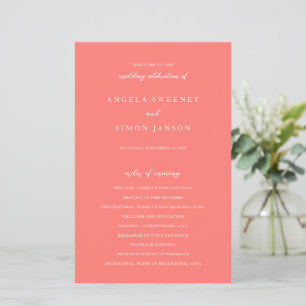 Modern Bold Vibrant Coral Simple Wedding Program