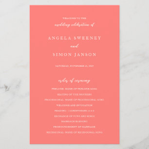 Modern Bold Vibrant Coral Simple Wedding Program Flyer
