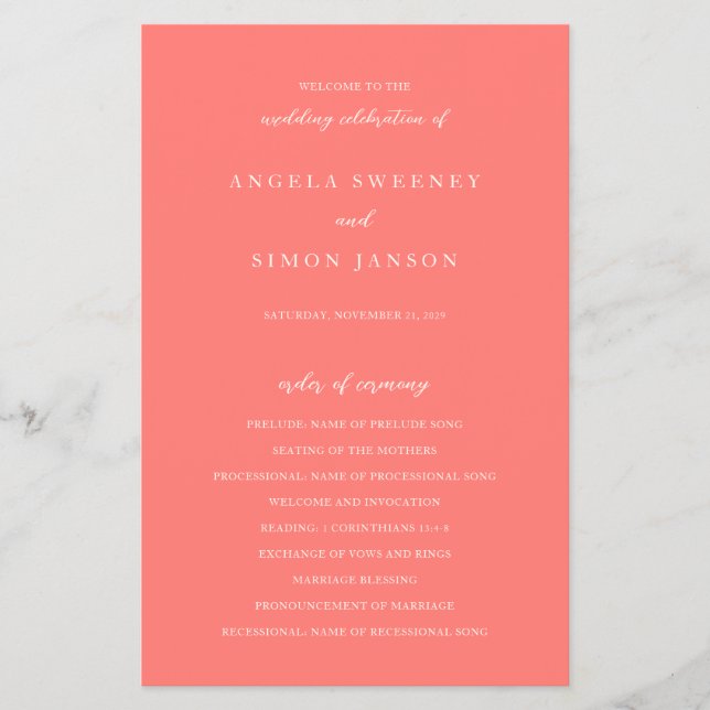 Modern Bold Vibrant Coral Simple Wedding Program Flyer (Front)