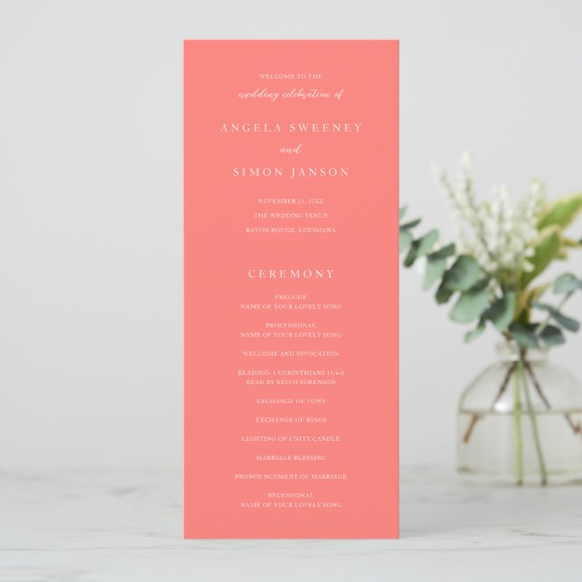 Modern Bold Vibrant Coral Simple Wedding Programme (Standing Front)